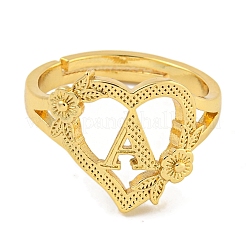 Heart with Letter & Flower Rack Plating Brass Adjustable Rings for Women&nbsp;RJEW-I105-05G-A