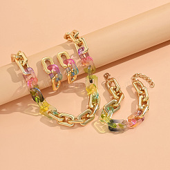 Alloy & Acrylic Rectangle Link Chain Necklace & Bracelet & Stud Dangle Earring Sets&nbsp;FS-WG12B03-01