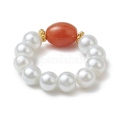 Oval Synthetic Turquoise & Natural Red Aventurine & Aquamarine Beaded Finger Rings&nbsp;RJEW-JR00768
