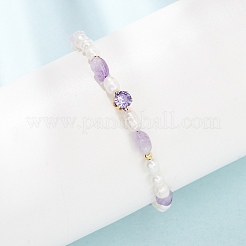 Natural Lavender Amethyst Chip and Rice Natural Pearl Beaded Bracelets&nbsp;GG-CBA3297-13G-G