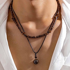 Wood Heishi Beaded Tiger Eye Rondelle Pendant Waxed Cord Double Layer Necklaces for Men&nbsp;FS-WG2829B-01