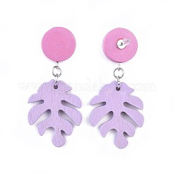 Monstera Leaf Painted Poplar Wood Dangle Stud Earrings&nbsp;EJEW-JE03224-06