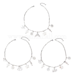 3Pcs 3 Styles Alloy Fish Tail Octopus & Natural White Shell Pendant Brass Paperclip Chain Necklaces for Women&nbsp;NJEW-JN05406