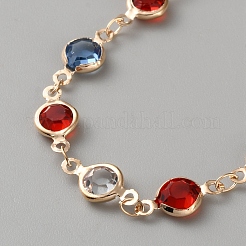 Brass Colorful Glass Flat Round Link Chain Necklaces&nbsp;NJEW-WH0016-78