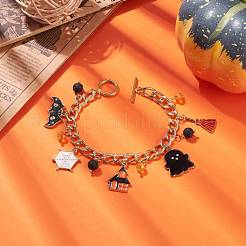 Alloy Enamel Ghost & Bat & Broom & Natural Lava Rock Charm Bracelet&nbsp;BJEW-TA00132