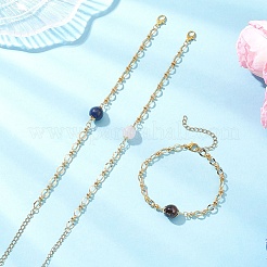3Pcs Natural Rose Quartz & Tiger Eye & Lapis Lazuli & Brass Link Chain Bracelet Sets&nbsp;BJEW-JB12646