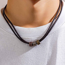 1Pc Alloy Flat Round Beads Imitation Leather Double Layer Necklaces&nbsp;NJEW-CL0001-13