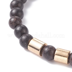 Natural Wood Round Beaded Stretch Bracelet with Synthetic Hematite for Men Women&nbsp;BJEW-JB07549