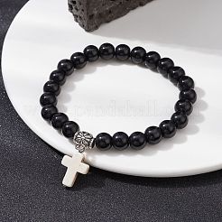 Synthetic Black Stone Round Beaded Stretch Bracelet&nbsp;BJEW-JB09745-02