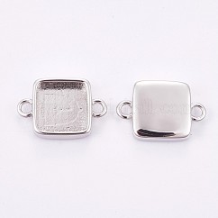 Brass Cabochon Connector Settings, Plain Edge Bezel Cups, Long-Lasting Plated, Square, Platinum, Tray: 9.5x9.5mm, 12x17.5x3.5mm, Hole: 1.8mm