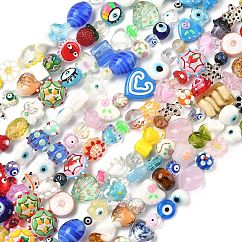 Handmade Mixed Styles Lampwork & Glass Beads, Mixed Shapes, Mixed Color, 6~24.5x6~24.5x6~17.5mm, Hole: 0.8~1.8mm, about 27~30pcs/strand, 13.98~14.57''(35.5~37cm)