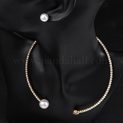 Round Plastic Imitation Pearl Stud Earrings & Heart Cubic Zirconia Rhinestone Cuff Choker Necklaces Sets&nbsp;SJEW-U003-08G