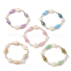 Synthetic Turquoise & Shell Pearl & Porcelain Beaded Stretch Bracelets for Women&nbsp;BJEW-JB13556