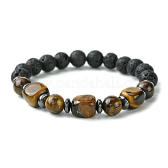 Natural Mixed Gemstone Cuboid & Lava Rock Round Beaded Stretch Bracelet&nbsp;BJEW-JB09795