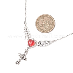 Brass Red Wing Heart with Cross Pendant Cable Chain Necklaces for Women&nbsp;NJEW-JN05909