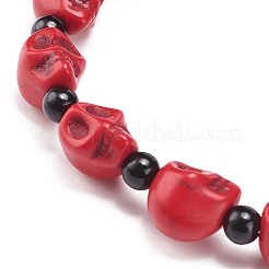 Natural Mashan Jade Skull & Synthetic Turquoise(Dyed) Beaded Stretch Bracelet&nbsp;BJEW-JB08377