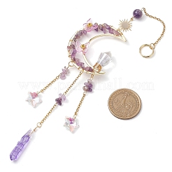 Wire Wrapped Natural Amethyst Chips Moon Hanging Ornaments&nbsp;HJEW-JM02621-02
