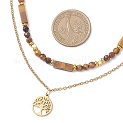 Tree of Life 304 Stainless Steel Pendant Cable Chain and Natural Tiger Eye Rectangle Round Beaded Double Layer Necklaces&nbsp;NJEW-JN05713