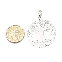 Tarnish Resistant Flat Round with Tree of Life 201 Stainless Steel Filigree Pendant Decorations&nbsp;HJEW-JM00573-03