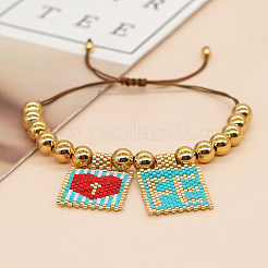 8mm Round Brass Bead Glass Seed Beaded Square with Heart Letter FE Charms Bracelets&nbsp;RH7908