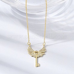 Brass Micro Pave Clear Cubic Zirconia Winged Key Pendant Necklaces&nbsp;CU-CBABA66-13G