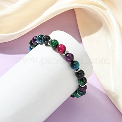 Dyed & Heated Natural Tiger Eye & Brass Round Beaded Stretch Bracelets for Women Men&nbsp;BJEW-JB13933
