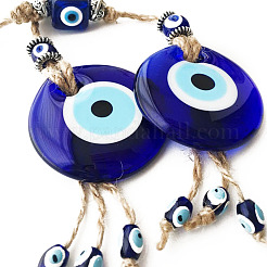 Flat Round with Evil Eye Glass Tassel Pendant Decorations&nbsp;EVIL-PW0002-17