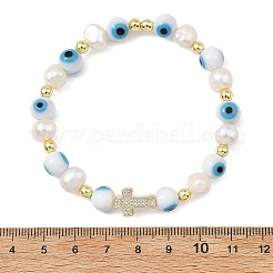 Evil Eye Lampwork and Natural Cultured Freshwater Pearl Beaded Stretch Bracelets&nbsp;BJEW-JB14283-01