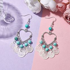 Heart Synthetic Turquoise & Capiz Shell Chandelier Earrings&nbsp;EJEW-TA00490