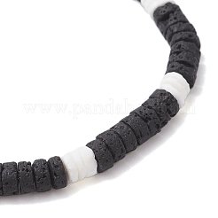 Natural Lava Rock & White Shell Flat Round Beads Stretch Bracelets for Men&nbsp;BJEW-JB12462-01