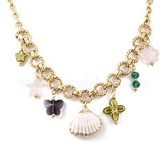 Electroplated Natural Shell & Glass Flower Butterfly Pendant 304 Staniless Steel Chain Necklaces for Women&nbsp;NJEW-A063-14G