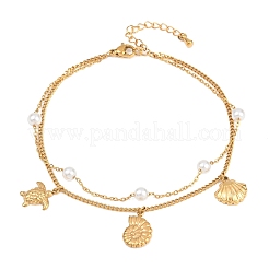 Ocean 304 Stainless Steel & Plastic Pearl Starfish Turtle Conch Shap Charm Double Layer Anklets for Women&nbsp;AJEW-D070-01G