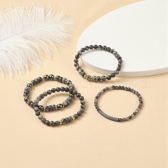 4Pcs 4 Style Natural Larvikite & Synthetic Hematite Stretch Bracelets Set with Cubic Zirconia Column Beaded&nbsp;BJEW-JB08830