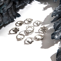 9Pcs 9 Styles Aniaml Alloy Spider & Snake & Bat & Flower Finger Rings Sets for Women&nbsp;PW-WG5EE65-01