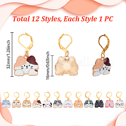 12Pcs 12 Styles Cat Shape Alloy Pendant Locking Stitch Markers with Brass Leverback Findings Clasps Stitch Marker&nbsp;HJEW-PH02053