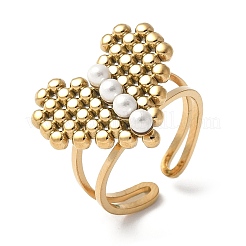 304 Stainless Steel Plastic Pearl Open Cuff Ring for Women&nbsp;RJEW-Z088-04G