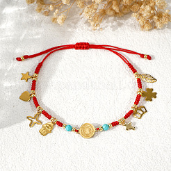 Stainless Steel Cross & Hamsa Hand & Medal Charms Braided Bracelets&nbsp;GU1131-2