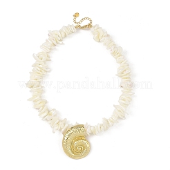 Ocean Brass Conch Shell Shape Pendant Natural Shell Chip Beaded Necklaces&nbsp;NJEW-JN06373