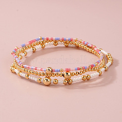3Pcs 3 Styles Glass Seed Beads & Brass Beads Stretch Bracelets Set for Women&nbsp;VQ8944-1