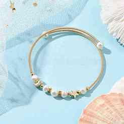 Natural Cultured Freshwater Pearl Bangle with Star Moon Brass Beads&nbsp;BJEW-JB10194