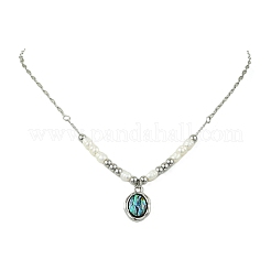 Natural Paua Shell Oval Pendant 304 Stainless Steel Dapped Chain Necklaces with Natural Pearl Rice Beads for Women&nbsp;NJEW-JN06223
