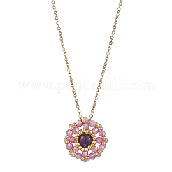 Natural Amethyst & Glass Seed Beaded Flat Round Pendant 304 Stainless Steel Cable Chain Necklaces&nbsp;NJEW-MZ00129-03