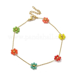 304 Stainless Steel & Synthetic Stone Daisy Flower Chain Anklets for Women&nbsp;AJEW-B031-01G-03