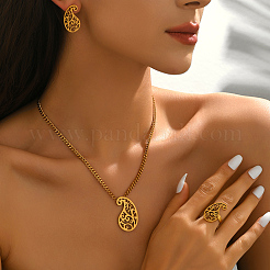 Stainless Steel Hollow Teardrop Pendant Necklace & Stud Earrings & Ring Sets for Women&nbsp;AU4910