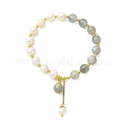 Round Natural Labradorite & Cultured Freshwater Pearl Beaded Charm Bracelets&nbsp;BJEW-JB14061-02