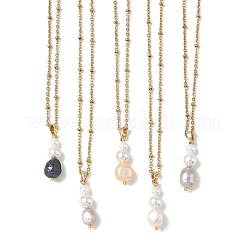 Ocean Natural Cultured Freshwater Pearl & Round Shell Pearl Beaded Pendant 304 Stainless Steel Satellite Chain Necklaces for Women&nbsp;NJEW-JN06039
