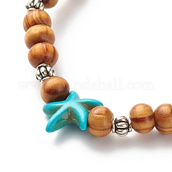 Starfish Synthetic Turquoise Beads & Round Natural Wood Beads Stretch Bracelet&nbsp;BJEW-JB07270