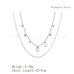 Light Luxury Stainless Steel Pave Clear Cubic Zirconia Flat Round Tassel Double Layer Necklaces for Women Daily Wear&nbsp;HJ1929-1
