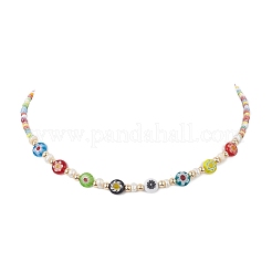 Natural Pearl & Millefiori Glass Flower & Seed Beaded Necklace for Women&nbsp;NJEW-JN04299