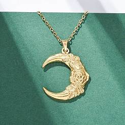 Moon with Flower 304 Stainless Steel Pendant Necklaces&nbsp;NJEW-H059-11G